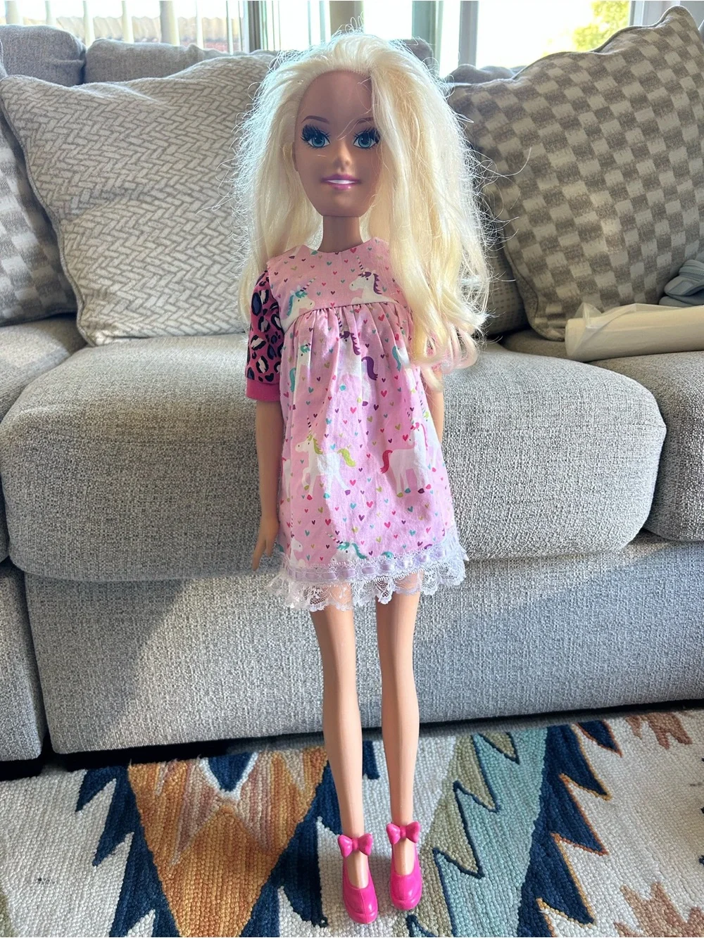 Barbie Blonde Doll in Pink Unicorn Dress with Hot Pink Shoes